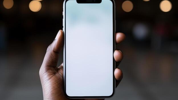 AI generated Person holding large smartphone with blank screen mockup for design presentation photo