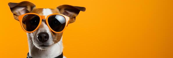 AI generated Jack russell dog in sunglasses with space for vacation concept text on orange background banner photo