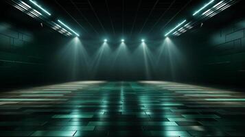 AI generated Empty stage illuminated with blue and green lights for a modern dance performance show photo