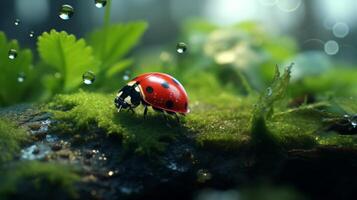 AI generated Beautiful ladybug on flower petal with blurred background, macro photography with copy space photo