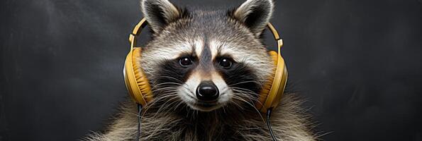 AI generated Raccoon dj in headphones with copy space on black background for music events and parties banner photo