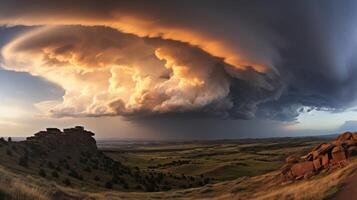 AI generated Foreboding storm clouds gathering over tranquil landscape, signifying an impending tornado photo