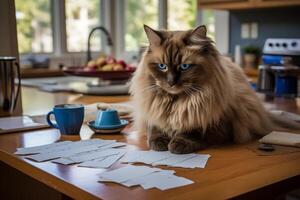 AI generated Curious calico cat sitting at elegant table, engrossed in checking important papers photo