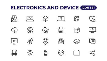 electrónica y dispositivo líneas icono colocar. electrónico dispositivos y artilugio, computadora, equipo y electrónica. computadora monitor, teléfono inteligente, tableta y ordenador portátil sumbol recopilación. vector