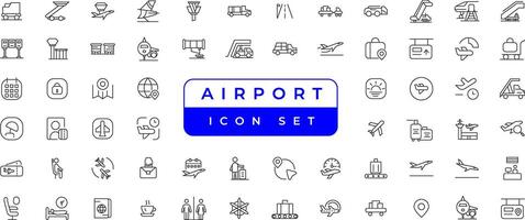 Airport vector line icon set. Contains linear outline icons like Plane, Ticket, Baggage, Seat, Wifi, Bag, Departure, Terminal, Passport, Transport, Luggage, Airplane