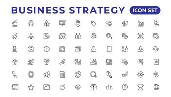 Business strategy set of web icons in line style. Business solutions icons for web and mobile app. Action List, research, solution, team, marketing, startup, advertising, business process vector