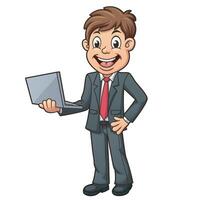 Businessman Standing While Holding Laptop, Clip Art Character, Vector Illustration