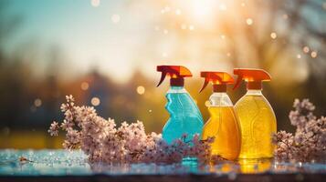 AI generated Colorful cleaning concept with detergent bottles, brushes, and green spring leaves photo