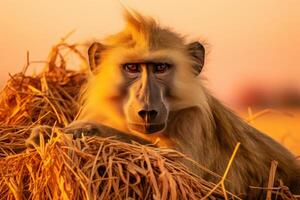 AI generated Baboon in natural habitat on african savanna with golden grass and clear blue sky photo