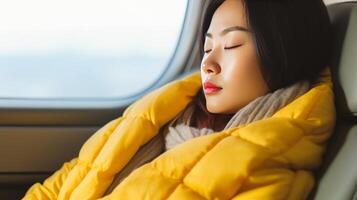 AI generated Woman sleeping in business class seat on airplane, blurred background, copy space available photo