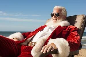 AI generated Playful santa claus enjoying a beach vacation with ample space for personalized message photo