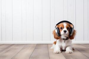 AI generated Joyful dog immersed in music, wearing headphones, perfect for adding custom text photo