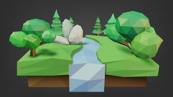 Low Poly Geometric Forest, Tree, River, and Rock Low Polygonal Style, Suitable For Banner, Poster, Flyer, Cover, Brochure, Vector Illustration