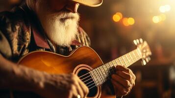 ai generado de cerca de experto músico jugando guitarra o violín con dedicación, en borroso antecedentes foto