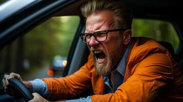 ai generado frustrado hombre con la carretera rabia furiosamente gritos en medio de intenso prisa hora tráfico mermelada foto