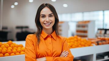 AI generated Happy female supermarket produce section worker smiling and looking at the camera photo