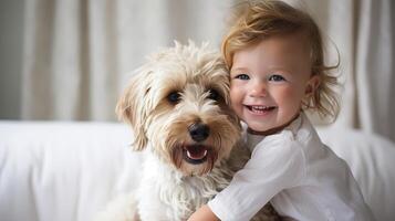 AI generated Young boy hugging cute dog in blurred forest, outdoor pet love concept with copy space photo