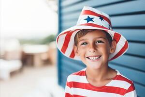 AI generated Happy boy in party hat celebrating 4th of july with copy space for text, independence day background photo