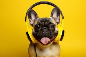 AI generated Happy french bulldog dj dog in headphones listens to music on yellow background with space for text photo