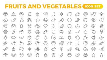 Fruits and vegetables line icons collection. Big UI icon set in a flat design. Thin outline icons pack. Vector illustration. Fruits and vegetables icons set. Food vector illustration.Outline icon set.