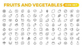 Fruits and vegetables line icons collection. Big UI icon set in a flat design. Thin outline icons pack. Vector illustration. Fruits and vegetables icons set. Food vector illustration.Outline icon set.