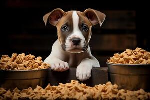 AI generated Cute and hungry dog sitting beside a bowl filled with delicious dog food photo