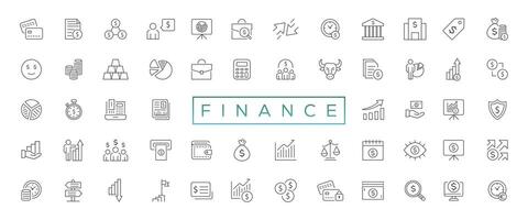 Vector business and finance editable stroke line icon set with money, bank, check, law, auction, exchance, payment, wallet, deposit, piggy, calculator, web and more isolated outline thin symbol