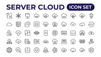 Set of line icons related to cloud computing, cloud services, server, cyber security, digital transformation. Outline icon collection. vector