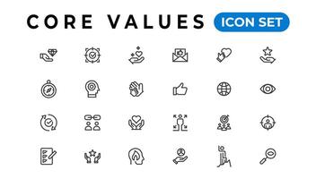 Core value icon banner collection. Containing innovation, goals, responsibility, integrity, customers, commitment, quality, teamwork, reliability and inclusion. Vector solid collection of icons