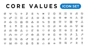 Core value icon banner collection. Containing innovation, goals, responsibility, integrity, customers, commitment, quality, teamwork, reliability and inclusion. Vector solid collection of icons