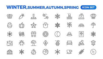 Spring, summer, autumn, and winter icon set. Weather icons. Weather forecast icon set. Clouds logo. Weather, clouds, sunny day, moon, snowflakes, wind, sun day. Outline icon collection. vector