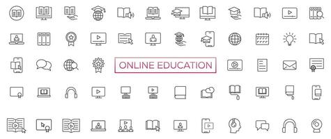 E-learning, online education icons set. 60 Electronic learning icons. Distance learning collection outline icons collection vector