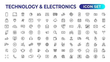 Technology and Electronics and Devices web icons in line style. Device, phone, laptop, communication, smartphone, ecommerce. Vector illustration.