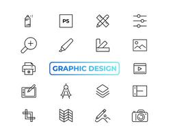 Set of thin line icons of graphic design. Simple linear icons in a modern style flat, Creative Process. Graphic design, creative package, stationary, software and more simple UI, UX vector icons