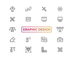 Set of thin line icons of graphic design. Simple linear icons in a modern style flat, Creative Process. Graphic design, creative package, stationary, software and more simple UI, UX vector icons