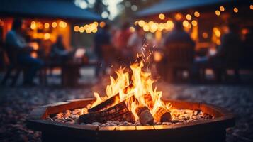 AI generated Friends enjoying outdoor barbecue. capturing the warm ambiance and conversations around the fire pit photo