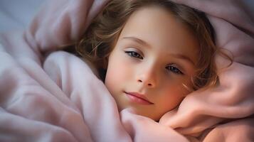 AI generated Sick child girl with cold lying in bed with copy space for text, illness and healthcare concept photo