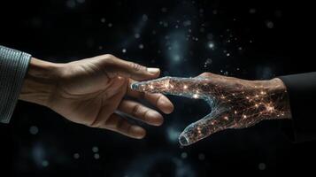 AI generated Ai and machine learning. robot and human hands touching on big data network connection background photo