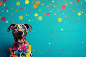 AI generated Adorable dalmatian dog wearing a colorful birthday costume with space for personalized text photo