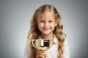 AI generated Happy preteen girl being presented with award cup with blank space for text or logo photo
