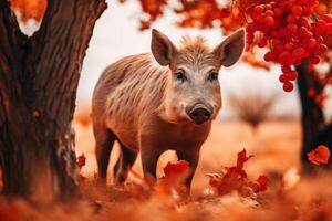 AI generated Magnificent warthog in its natural habitat, surrounded by the untamed beauty of the african savannah photo