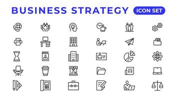 Business strategy set of web icons in line style. Business solutions icons for web and mobile app. Action List, research, solution, team, marketing, startup, advertising, business process vector