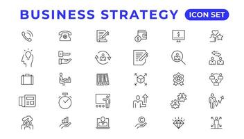 Business strategy set of web icons in line style. Business solutions icons for web and mobile app. Action List, research, solution, team, marketing, startup, advertising, business process vector