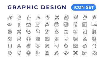 Set of thin line icons of graphic design. Simple linear icons in a modern style flat, Creative Process. Graphic design, creative package, stationary, software and more vector