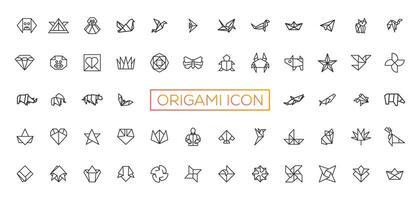 Origami, animals folded from paper thin line icons, penguin, camel, fox, bear, fish, mouse, bird, elephant, kangaroo, hare, seal, raccoon. Modern vector illustration