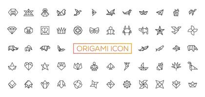 Origami, animals folded from paper thin line icons, penguin, camel, fox, bear, fish, mouse, bird, elephant, kangaroo, hare, seal, raccoon. Modern vector illustration