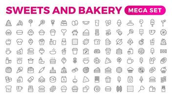 Sweets and Bakery icon set. Food icon collection. Containing meal, restaurant, dishes, and fruit icons. Set of outline icons related to food and drink. Linear icon collection. Outline icon collection. vector