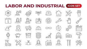 Labor and Industrial icon set. Line set of Engineer, Gear, and Gears mechanical machine icons. Manufacturing and Engineering line icon set. Production, Setting, Industrial Factory,  Labour, vector