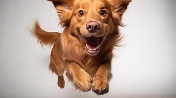 AI generated Cute and playful dog jumping happily on bright light background with copy space for text photo