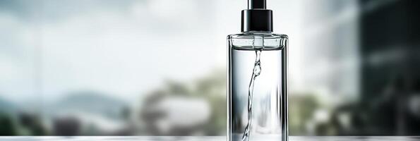 AI generated Organic facial serum in glass dropper bottle with copy space. Beauty skincare product banner image photo